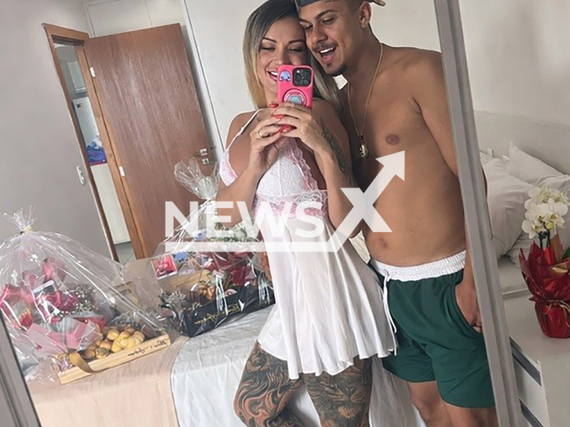 Brazilian adult content creator Andressa Urach, 38, poses with music executive Flavio Giglioli, 26, undated. She underwent intimate harmonization surgery to “become a virgin again” before wedding. Note: Photo obtained with permission. (@aandressaurach, CO ASSESSORIA/Newsflash)