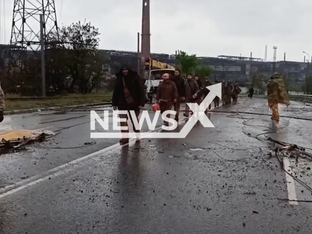 The departure of militants from Azov, in Mariupol, Ukraine, on 18th May. Note: This picture is a screenshot from the video (Ministry of Defense of Russia/Newsflash).