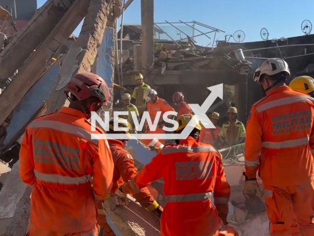 This image is a screen grab of the video supplied titled NewsX-EitHos-01.mp4: Footage shows firefighters carrying out rescue operations after a building collapsed in Belo Horizonte, Brazil, on Thursday, March 5, 2026.(Clipzilla)