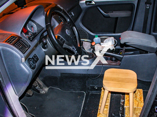 The wooden stool which a 33-year-old driver from Germany used instead of a regular seat in his Volkswagen vehicle on Wednesday on 18th May. Note: This photo is from a press release. (Polizei Gutersloh/Newsflash)