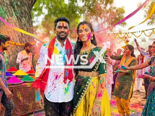 Picture shows the pregnant YouTuber Chittari Vaishnavi, 20, with husband, undated. She was allegedly murdered by her husband in Madhapur village of Jagtial district, India. Note: Private photo taken from social media. (Newsflash)