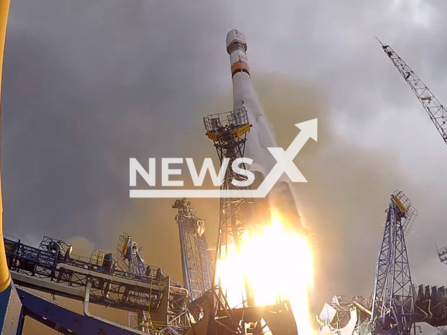 Soyuz-2.1 rocket with military satellite launched from Plesetsk cosmodrome, Russia. Note: Photo is a screenshot from a video(Ministry of Defense of Russia/Newsflash).