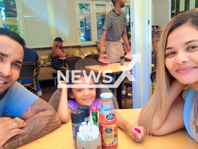 Aleyka Shaik poses with her daughter and husband in undated photo. She was stabbed to death in Pietermaritzburg, South Africa, on Sunday, 29 March 2026. Note: Private photo. (Newsflash)