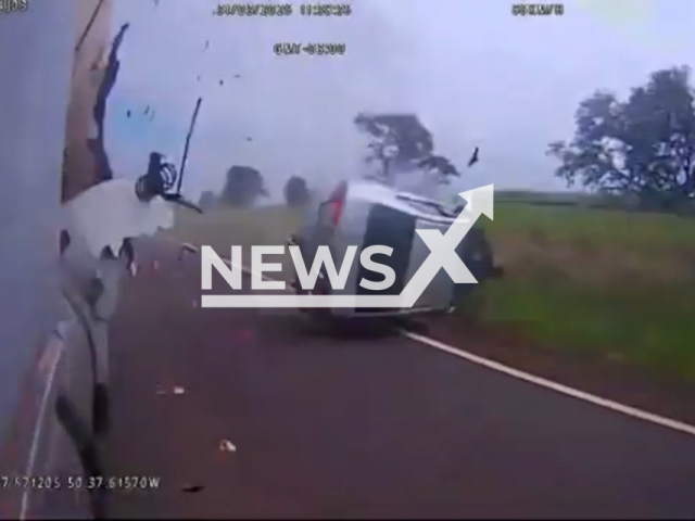 Driver suspected of falling asleep crashes into truck and overturns on Raposo Tavares highway in state of Sao Paulo, Brazil, March 31, 2026. The car driver was rescued conscious. Note: Photo is a screenshot from a video. (Newsflash)