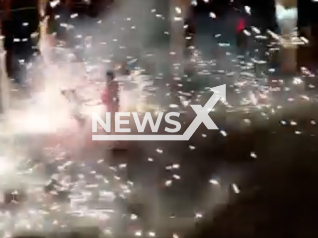 Sparks fly during a pyrotechnic performance on Thursday, May 14, 2026, in Amatitan, Mexico. It caused an explosion and a fire killing one and injuring 25 people. Note: Photo is a screenshot from a video. (Newsflash/NX)