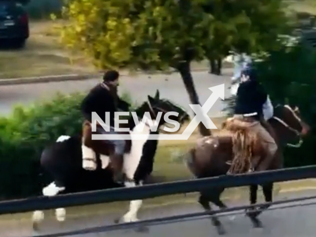 Horsemen fight using whips in Berazategui, Argentina, May 25,2026. It happened during celebration. Note: Photo is a screenshot from a video. (Newsflash/NX)