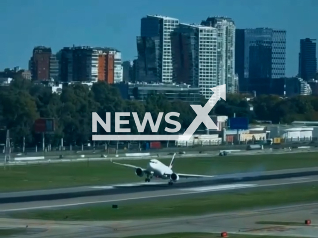 A plane aborts its landing after touching down on the runway at Aeroparque Jorge Newbery, in Buenos Aires, Argentina, on May 03, 2026. It landed without incident. Note: Photo is a screenshot from a video. (@michelinvernoz/Newsflash/NX)