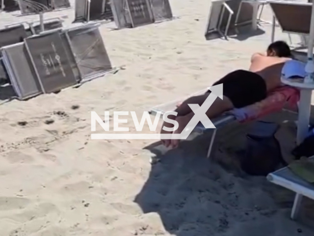 Picture shows three hundred and fifty sunbeds stolen from the Onde Chiare beach club, in Italy, in 2024, found on a beach in Albania, in 2026. They are worth approximately  45 thousand euro. Note: Photo is a screenshot from a video. (@ondechiare, Newsflash/NX)