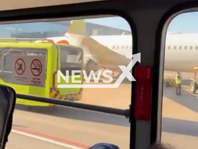 Picture shows the wing of a plane that was hit by a bus on Wednesday August 19, 2026, at Guarulhos International Airport, in Sao Paulo, Brazil. Following the incident, the aircraft was taken out of service for inspection and maintenance, in accordance with safety protocols. Note: Photo is a screenshot from a video. (Newsflash/NX)
