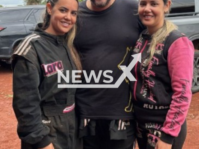 Rodeo queen Lara Alves Rueda, 35,  with her twin sister, Laila Alves, and joint partner Maycon Rueda, 43, pose in undated photo. She stated that her family supports the troupe relationship with the farmer and her twin sister.   Note: Private picture. (Harrisons)