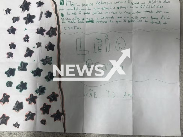 Picture shows the note written by the 10-year-old girl recounting the abuse she suffered in Santa Luzia, in the Metropolitan Region of Belo Horizonte, Brazil, undated photo. Note: Private photo. (Harrisons)