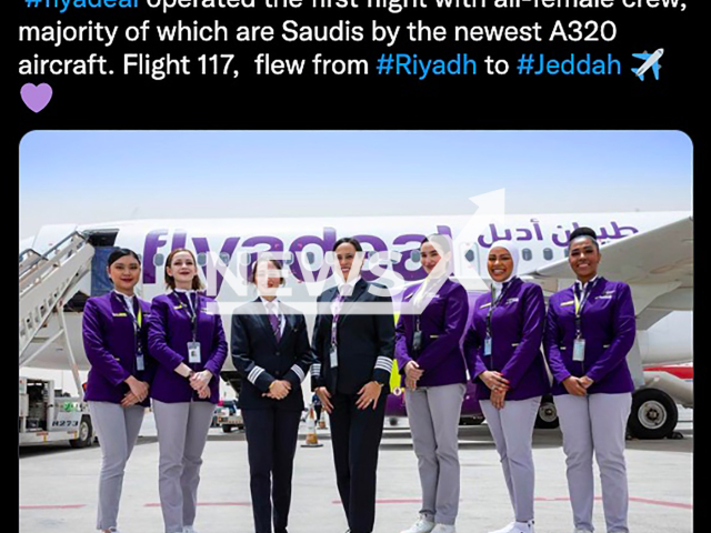 The post of Saudi low-cost airline, Flyadeal, announced the first domestic flight in the Kingdom with a fully female crew, most of them Saudis. Note: Picture is a screenshot from a post (@flyadeal/Newsflash)