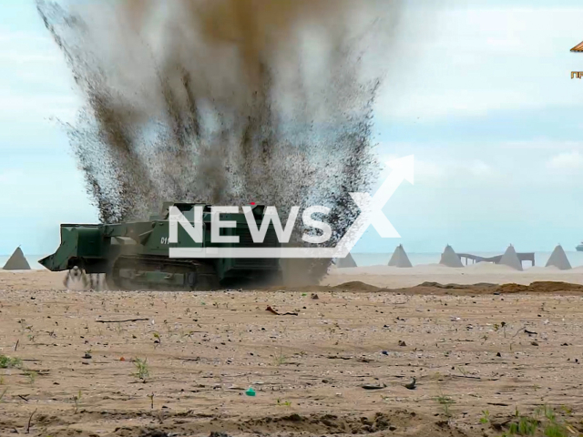 People's Militia of the DNR and demining detachment of the Armed Forces of the RF demining beaches near the seaport in Mariupol in May 2022. Note: This picture is a screenshot from the video (@nm_dnr/Newsflash).