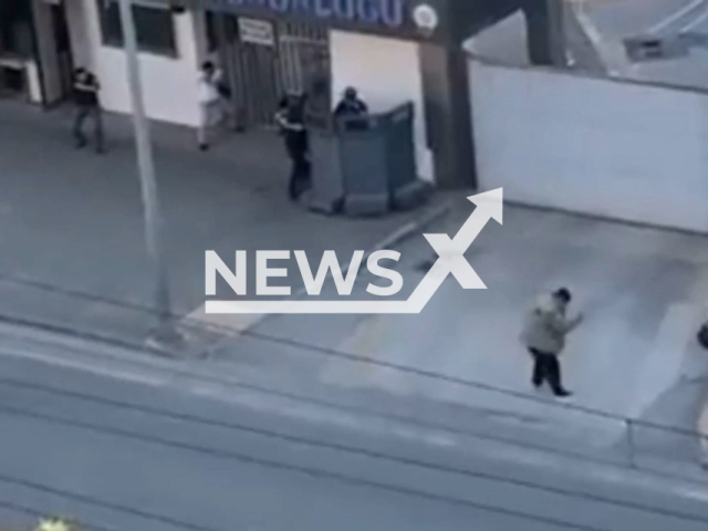 A would-be suicide bomber was shot by Turkish police in front of the police headquarters in Gaziantep, Turkey, on 26th May 2022. Note: This picture is a screenshot from the video (Newsflash).