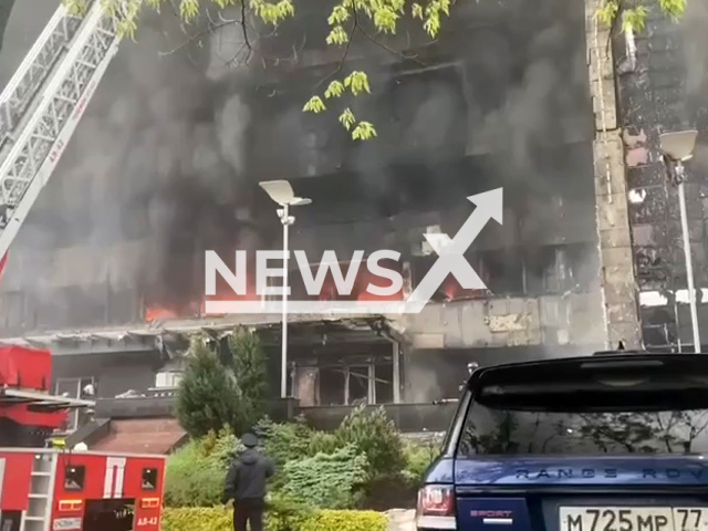 The business center 'Setun' is on fire in Moscow, Russia. Note: Picture is a screenshot from a video (@mchs_official/Newsflash)