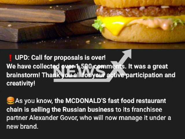 The Telegram post of the Ministry of Industry and Trade of Russia asks people for name suggestions for Mcdonald's. Note: Picture is a screenshot from a post (Ministry of Industry and Trade of Russia/Newsflash)