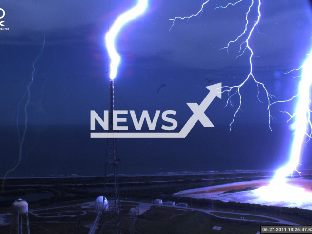 A lightning strike is recorded at Launch Complex 39B at NASA’s Kennedy Space Center in Florida in May 2011. Note: Photo from NASA. (NASA/Newsflash)