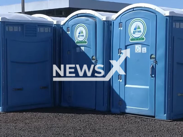 A portable loo, like the one stolen by two men to be used for sex, in Praia Grande, Brazil, in June, 2022.  Note: Photo is a screenshot from a video. (Newsflash)