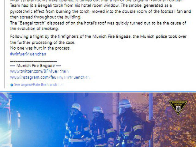 The announcement of the Munich Fire Department for the Englishman who is under Investigation after lightning pyrotechnics in a hotel room in Munich, Germany, before football match in June 2022.
Note: Photo is a screenshot from Facebook post(@feuerwehr.muenchen/Newsflash).