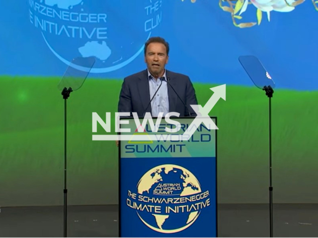 Arnold Schwarzenegger who has to cancel his participation in his own climate summit in Vienna, in a photo at the Austrian World Summit 2021. Note: Photo is a screenshot from a video(Newsflash).