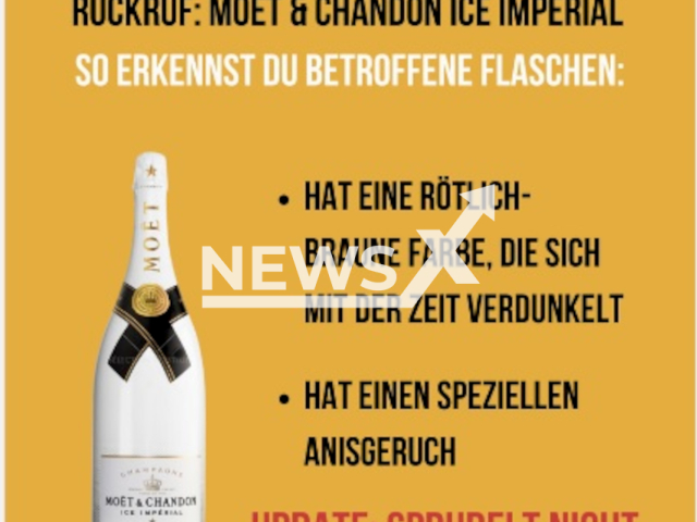 The warning against the ecstasy-spiked Moet & Chandon Ice Imperial bottle, which was issued by the Consumer Center Schleswig-Holstein in Germany. Note: This photo is a screenshot from a post. (Newsflash)