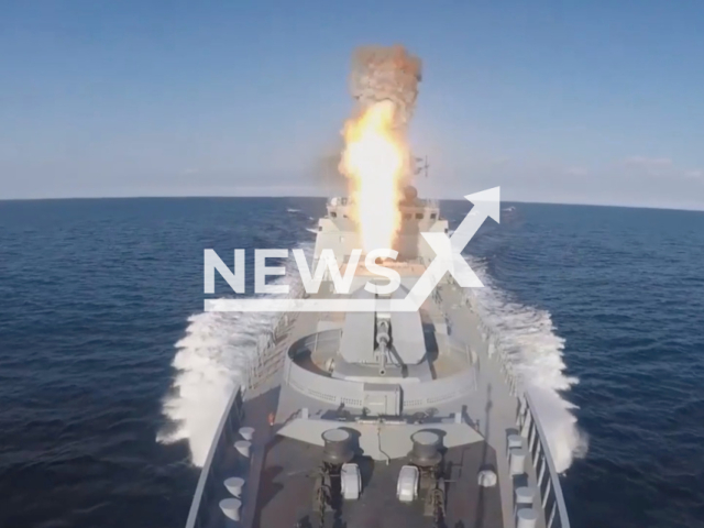 Launch of Kalibr missiles by the frigate of the Black Sea Fleet at the facilities of the Armed Forces of Ukraine. Note: Picture is a screenshot from a  video (Ministry of Defense of Russia/Newsflash)