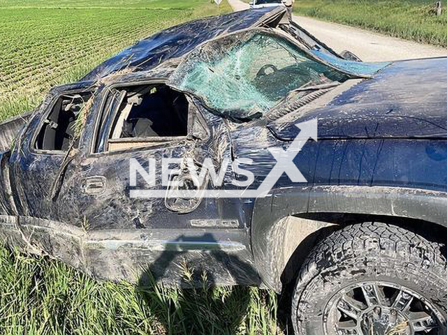 The aftermath of Layne Greedes's serious car accident that occurred in Grinnell, Iowa. Note: We have obtained permission for this picture. (@laynegeerdes20/Newsflash)