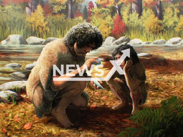 Artist reconstruction of Homo heidelbergensis making a flint hand axe. Note: Licensed photo. ( Department of Archaeology, University of Cambridge, Illustration by Gabriel Ugueto/Newsflash)