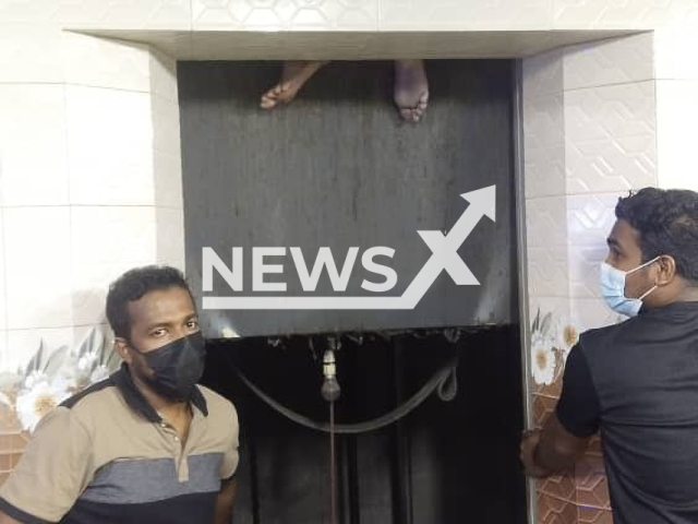 A 55-year-old man's feet got stuck in a lift between the first floor and the ground floor in Sungai Pinang in Penang, Malaysia, on 18th June 2022. Note: Photo is from the Jalan Perak Fire and Rescue Station (@Bbpjalanperak/Newsflash)