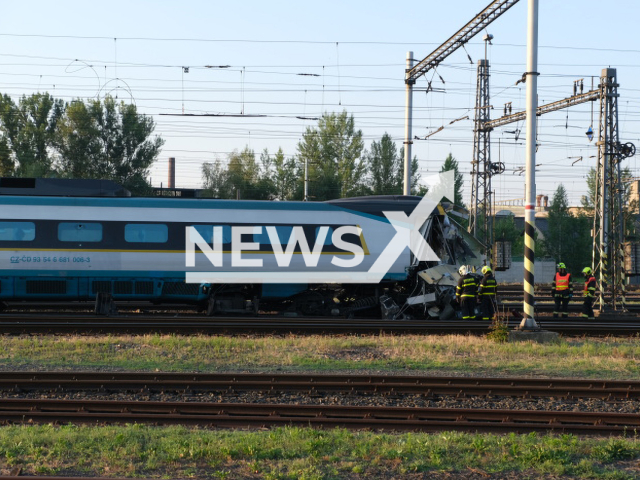 The moment   fire brigades and other emergency crews  intervened at the scene of a railway accident in Bohumin , Czechia, on 27th June, 2022.  
 Note: Licensed photo.  (HZS Moravskoslezskeho kraje/Newsflash)