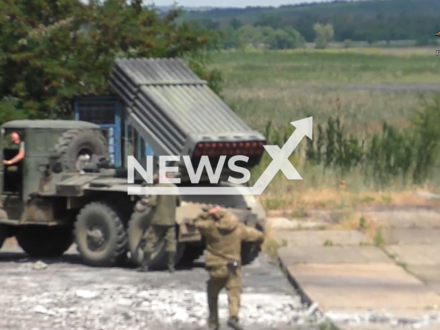 Servicemen of the artillery unit of the 9th regiment of the People's Militia of the DPR strike at the positions of Ukrainian militants identified by intelligence in Avdiivka direction, in Ukraine. Note: Picture is a screenshot from a video (@nm_dnr/Newsflash)