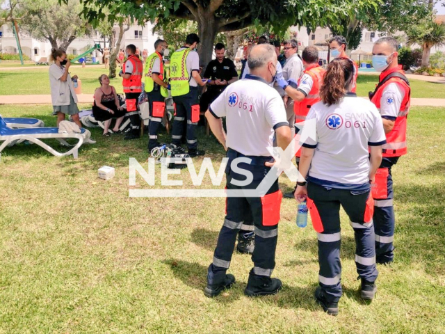 Emergency services working in the hotel Sea Club, in Alcudia, in the island of Majorca, in the eastern Spanish province of Balearic Islands, where there was a chlorine leak in the pool on 04 July 2022.
Notes: Emergency service photo. (@SAMU061/Newsflash)