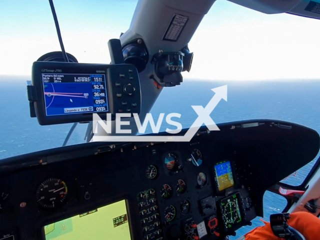 Moment of the rescue operation of the fisherman who suffered a heart attack on board of a boat near the city of Rawson, in Argentina, July 2022. Note: Picture is a screenshot from a video (Prefectura Naval Argentina/Newsflash)