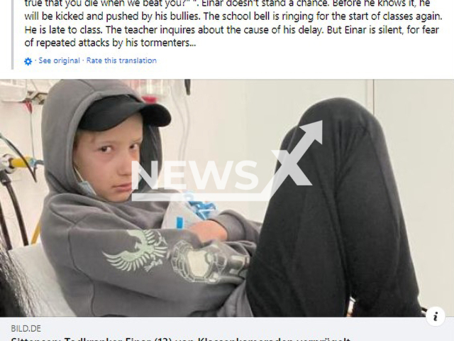 Einar (13) who was born with a series of organ malformations, suffered internal injuries after he was attacked by three classmates in Sittensen.
Note: Photo is a screenshot from Facebook(Newsflash).