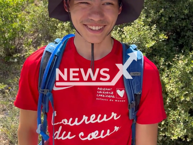 Picture of, Martin, 19, who rode a bike from Paris to Athens for charity, while he explains his motives and answers Macedonian influencer Roberto Navali's questions, in Strumica, Macedonia on the 27th of June, 2022. Note: Picture is a screenshot from a video (@roberto_navali/Newsflash)