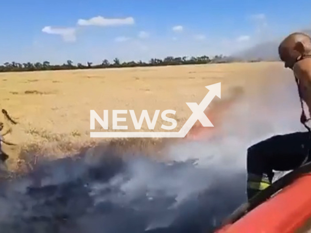 Firefighters and farmers battle crop fire sparked by Russian bombardment in fields in Ukraine. Note: Picture is a screenshot from a video (@MNS.GOV.UA/Newsflash)