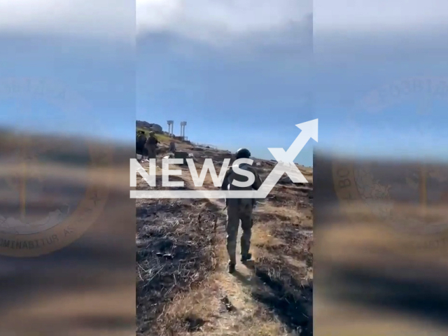 At the scene where Ukrainian soldiers research the territory of Zmiiny Island, save cat, install the Ukrainian flag instead of the Russian flag on Zmiiny Island, in Ukraine. Note: Picture is a screenshot from a video (@DefenceIntelligenceofUkraine/Newsflash)