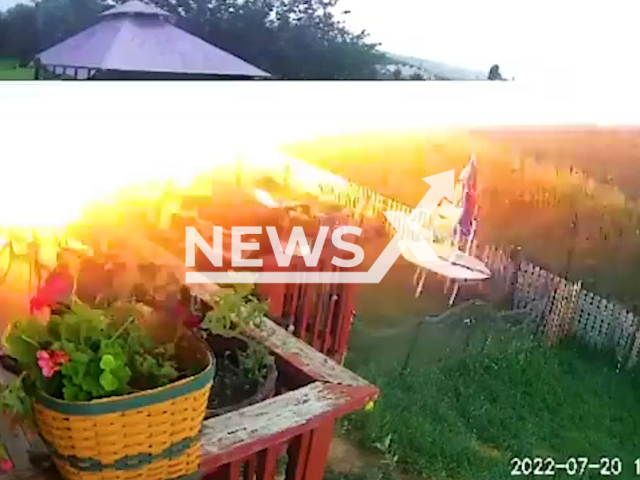 Lightning strikes in yard on the 20th July 2022 in Gypsum, Colorado.  Note: This picture is a screenshot from the video (Gypsum Fire Protection District/Newsflash).