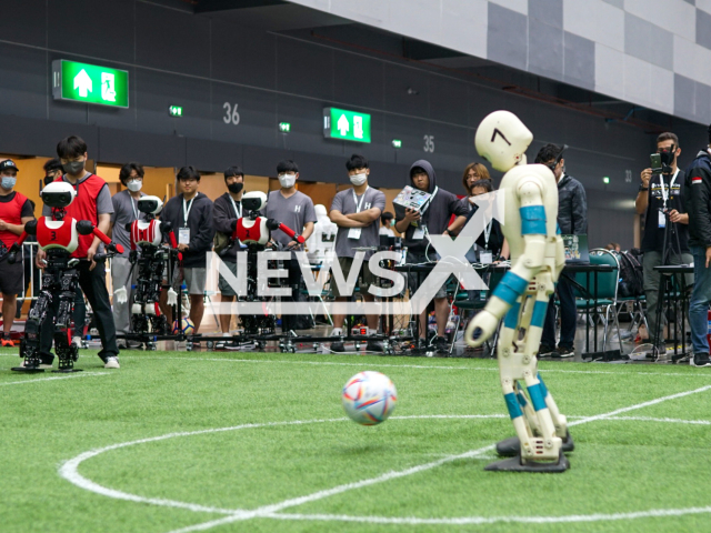 The RoboCup 2022 Humanoid AdultSize teams NimbRo from Germany vs. HERoEHS from Korea, competaing,   in Bangkok, Thailand. Note: Licensed photo.  (AIS, Uni Bonn/Newsflash)