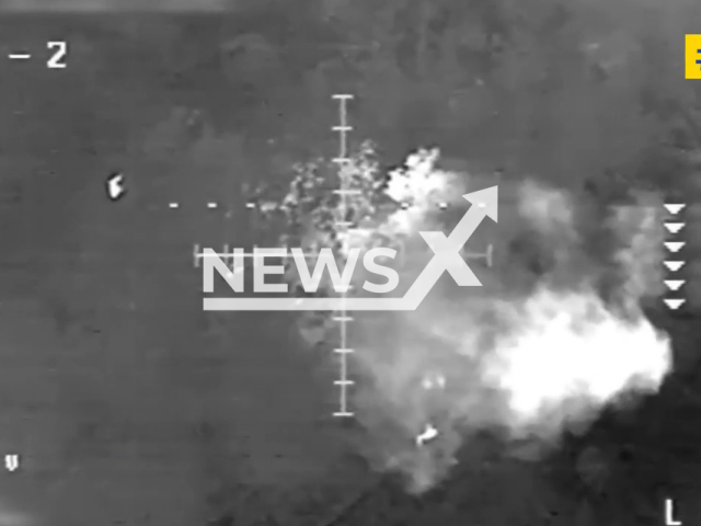 A drone operated by Ukrainian counter-intelligence destroys a Russian tank in Ukraine in undated footage. Note: Picture is a screenshot from a video (@SecurSerUkraine/Newsflash)