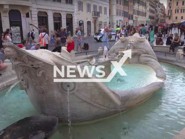 Picture shows Fontana della Barcaccia in the Piazza di Spagna in Rome, Italy, where an English tourist dip his feet. Undated footage.  Note: Picture is a screenshot from a video (Newsflash)