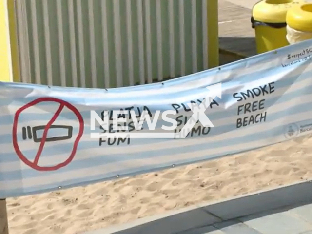 Picture shows a sign for a smoke-free beach at a Barcelona beach, in an undated photo. A ban on smoking on Barcelona's beaches came into force on Monday, July, 25, 2022.
Note: Photo is a screenshot from a video. (Newsflash)