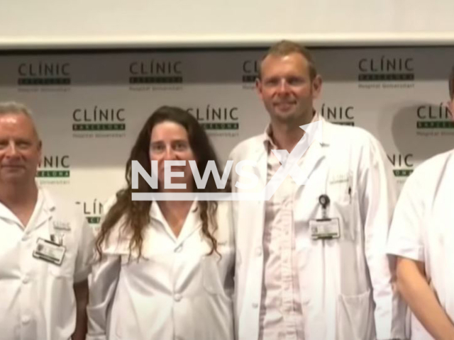 Doctors Josep Mallolas, (left) Nuria Climent, (second from the left) Juan Ambrosioni, (second from the right) and an unidentified man, (right), pose in a screenshot from a press conference, in July, 2022. The doctors present a case of a functional cure of AIDS in a patient in Barcelona, Spain. Note: Photo is a screenshot from a video. (Newsflash)