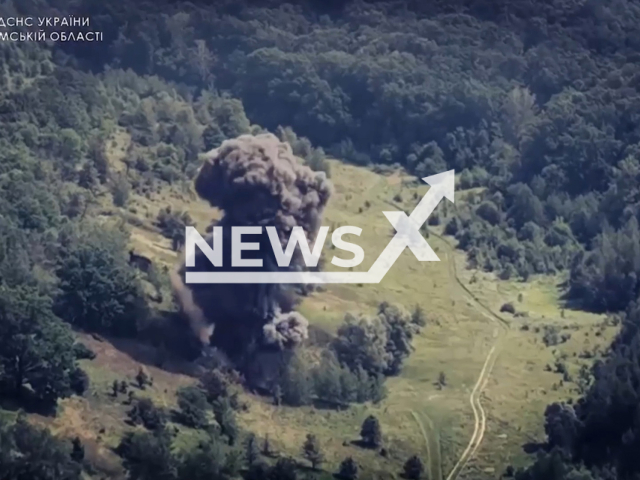 Picture shows an explosion of Russian ammunition collected by pyrotechnics of the State Service of Ukraine for Emergency Situations in the village of Bezdryk, Sumy region, Ukraine in an undated photo. Ukrainian pyrotechnic units have already destroyed more than 6,000 explosive objects in the territory of Sumy region. Note: Picture is a screenshot from a video (@MNS.GOV.UA/Newsflash)