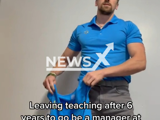 Seth Gabriel, from Ohio, USA, poses holding a piece of Walmart's uniform in his hand in an undated TikTok video. He reportedly quit his teaching job to work at Walmart where he claims he can more than double his salary. Note: Picture is a screenshot from a video (@sg_powerlifting/Newsflash)