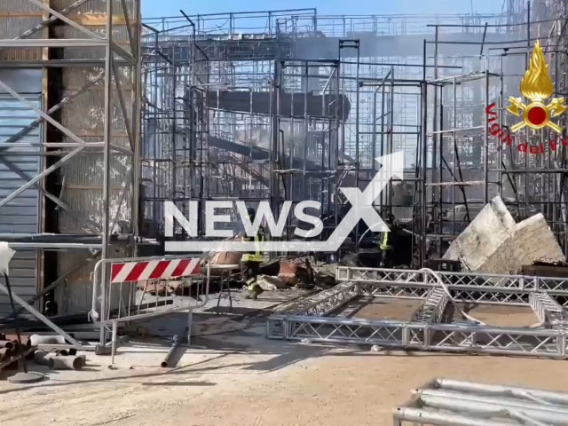 Freighters with the debris after the fire was extinguished the at Cinecitta Studios, in Rome, Italy, on Monday, August 1, 2022.   There were no reported injuries.   Note: Picture is a screenshot from a video (@vigilidelfuoco/Newsflash)