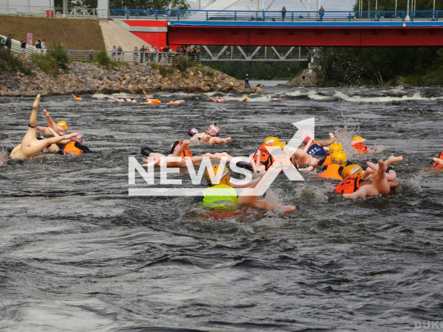 Photo shows a scene from the Bubble Baba Challenge which took place on Saturday, July 30, on the rapids of the Vuoksa River in the village of Losevo in Saint Petersburg, Russia. Contestants race in the water using sex dolls as flotation devices. Note: We have obtained permission for this photo. (Alexander Kutishchev/Newsflash)