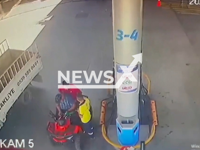 Man starts a fire by lighting his cigarette lighter as his vehicle is being filled with gas in Aksaray, Turkey, Wednesday, July 27, 2022. Although the fire was extinguished in a short time, it was reported that the ATV driver was in life-threatening condition. Note: Picture is a screenshot from a video (Newsflash)