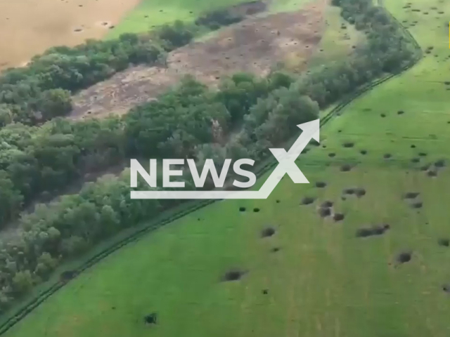 Russian tank hides behind trees in the field area in Ukraine in an undated photo. Counterintelligence officers of the Security Service of Ukraine together with fighters of the 112th brigade of Territorial Defense Forces destroyed 9 units of Russian military equipment. Note: Picture is a screenshot from a video (@SecurSerUkraine/Newsflash)