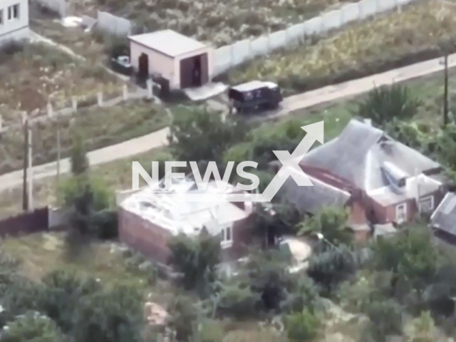 Russian vehicle with military ammunition and with letter Z on it stands in residential area in the north of the Kharkiv region, Ukraine in an undated photo. Air reconnaissance and artillery of the National Guard and the Armed Forces of Ukraine destroyed Russian warehouse with ammunition hidden in the hangar. Note: Picture is a screenshot from a video (@ngu.east/Newsflash)